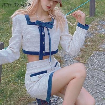 Podzimní Kawaii Dvoudílný Set Dámský Korejská Móda Patchwork Párty Mini Sukně Oblek Dámský Dlouhý Rukáv Mašle Designérský Sukňový Set