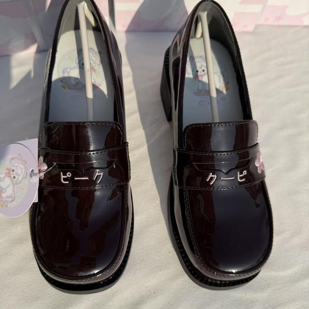 Preppy Gilrs Lolita JK Sewing Shoes,Female Students School Embroidered Cherry Block Kitten Heels Loafers
