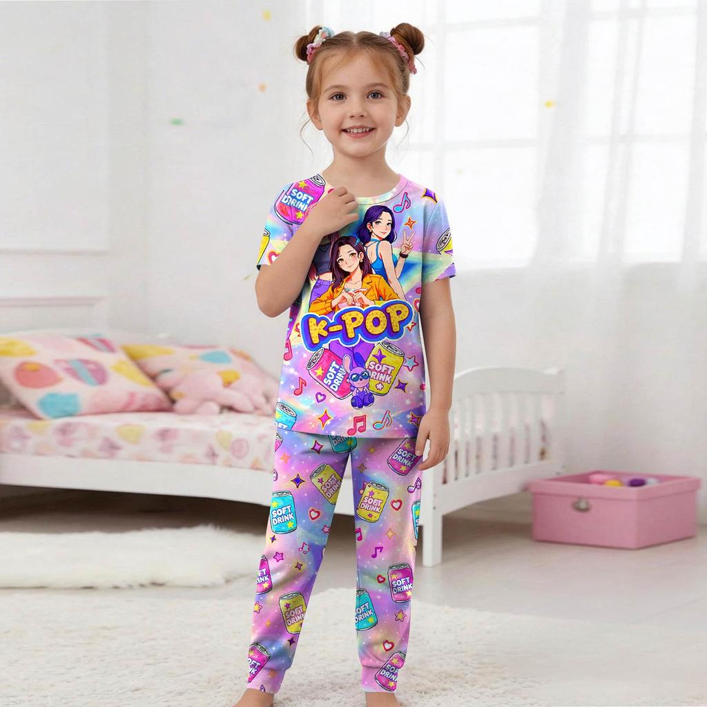 Kids Fashion Outfit Set Round Neck Short Sleeve Top and Pants Printed Design Comfortable Fit Suitable for Daily Wear and Playtime