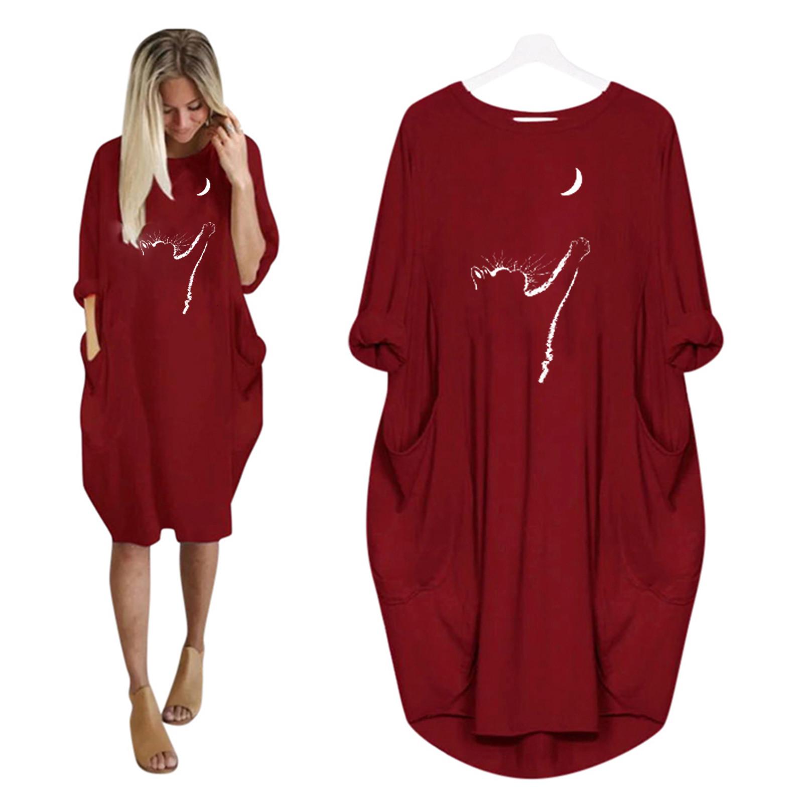 

Женские повседневные платья с карманами и длинными рукавами с принтом, свободные платья XXXL винный