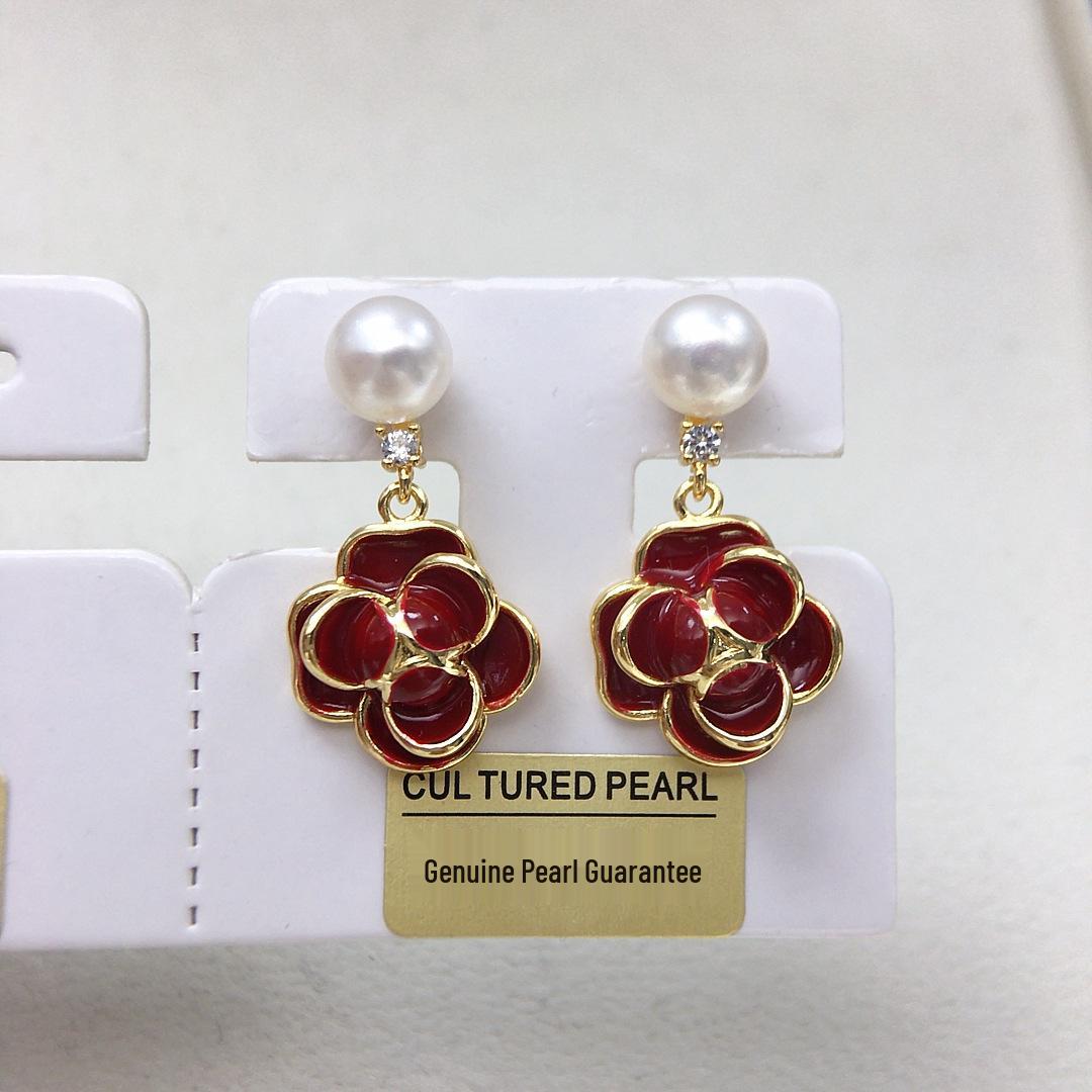 Natural Freshwater Pearl Stud Earrings with Retro Red Camellia Design