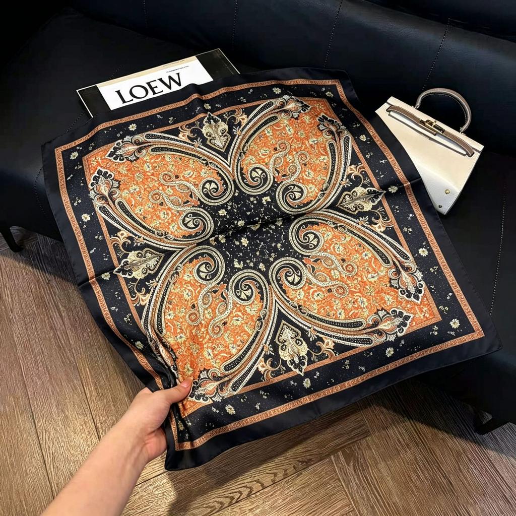 71Cm New Chinese Simulation Silk Square Scarf Soft and Skin-friendly Ink Flower Rhyme Printing Silk Scarf Neck Sunscreen Small Scarf