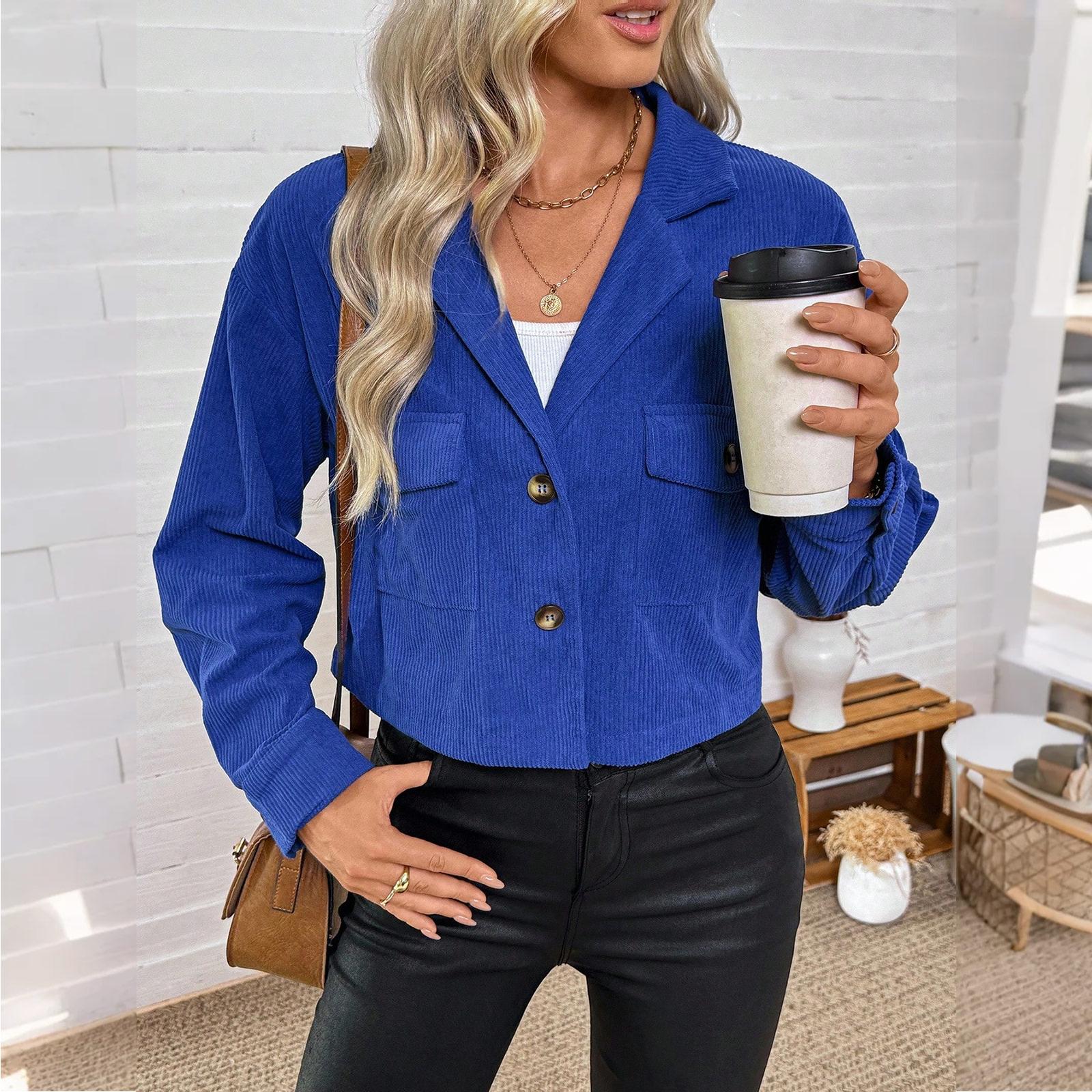 

Женская повседневная однотонная куртка с длинным рукавом, короткая, свободный вельветовый топ M синий