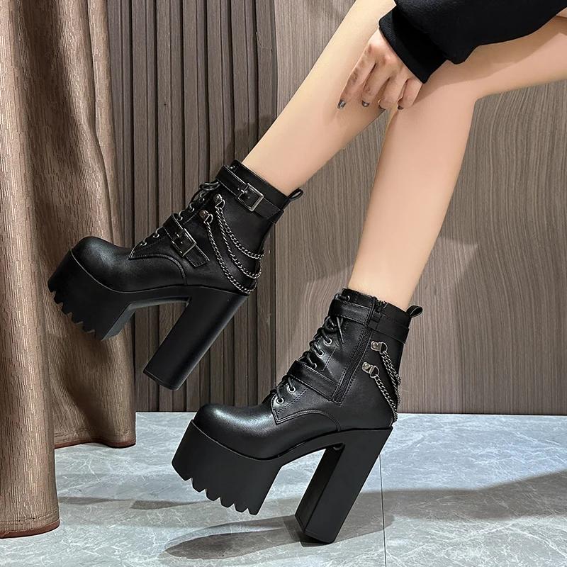 Modă 14CM Femei Cizme de Gleznă cu Toc Platformă Fermoar Punk Botine Motociclist Toc Înalt Gros Bloc Vârf Rotund Cizme de Modă