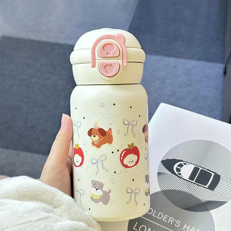 Kids Stainless Steel Water Bottle 500ml Double Drink Straw Cup 316 Insulated Thermos Girls School Portable