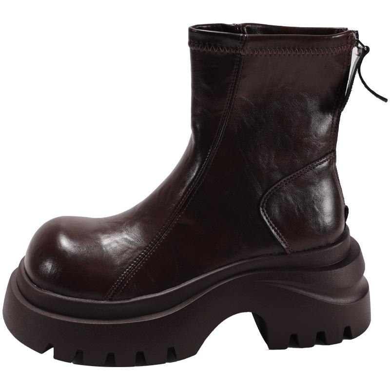Retro British leather boots thick-soled Martin boots women's autumn and winter fashion versatile and comfortable heightening medium heel short boots