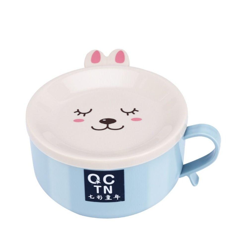 Kreslený japonský králík miska na instantní nudle Nerezová dvouvrstvá miska na rýži Miska na polévku Přenosné nádobí s víčkem Lžíce