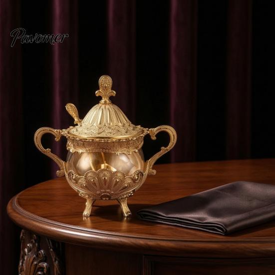 Sugar Bowl with Lid And Spoon Seasoning Jar Spoon, European Style Metal Durable Spice Container Container, Decorative for Kitchen Countertop
