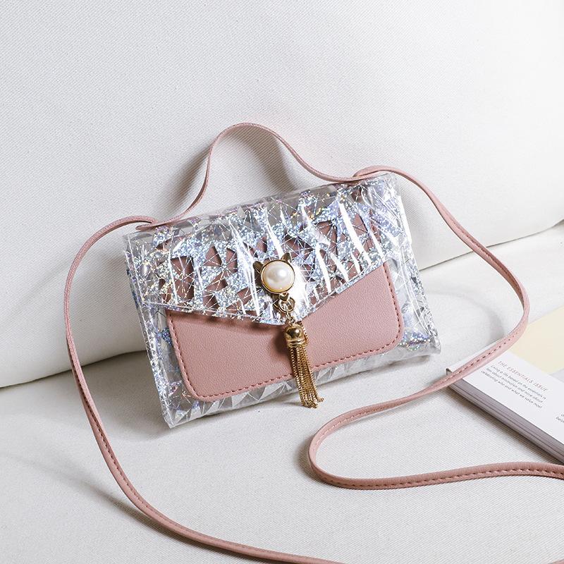 Mobile Phone Bag Women's Summer and Autumn Floral Cat Ear Tassel Contrasting Color Transparent Small Square Bag Single Shoulder Oblique Span Portable