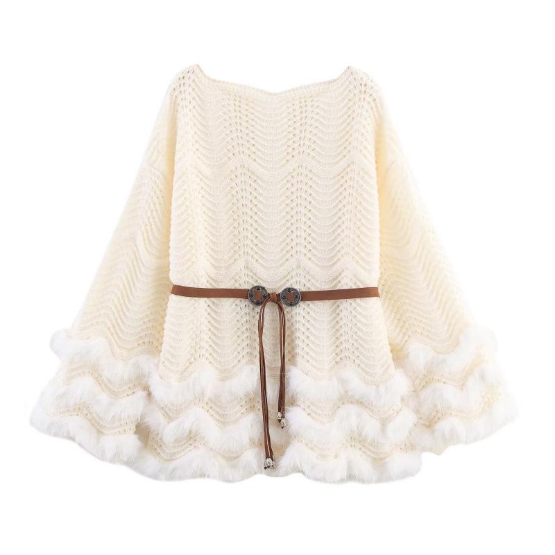 NSSF Handmade Crochet Wave Hem Tie-Waist Furry Women's Pullover Sweater