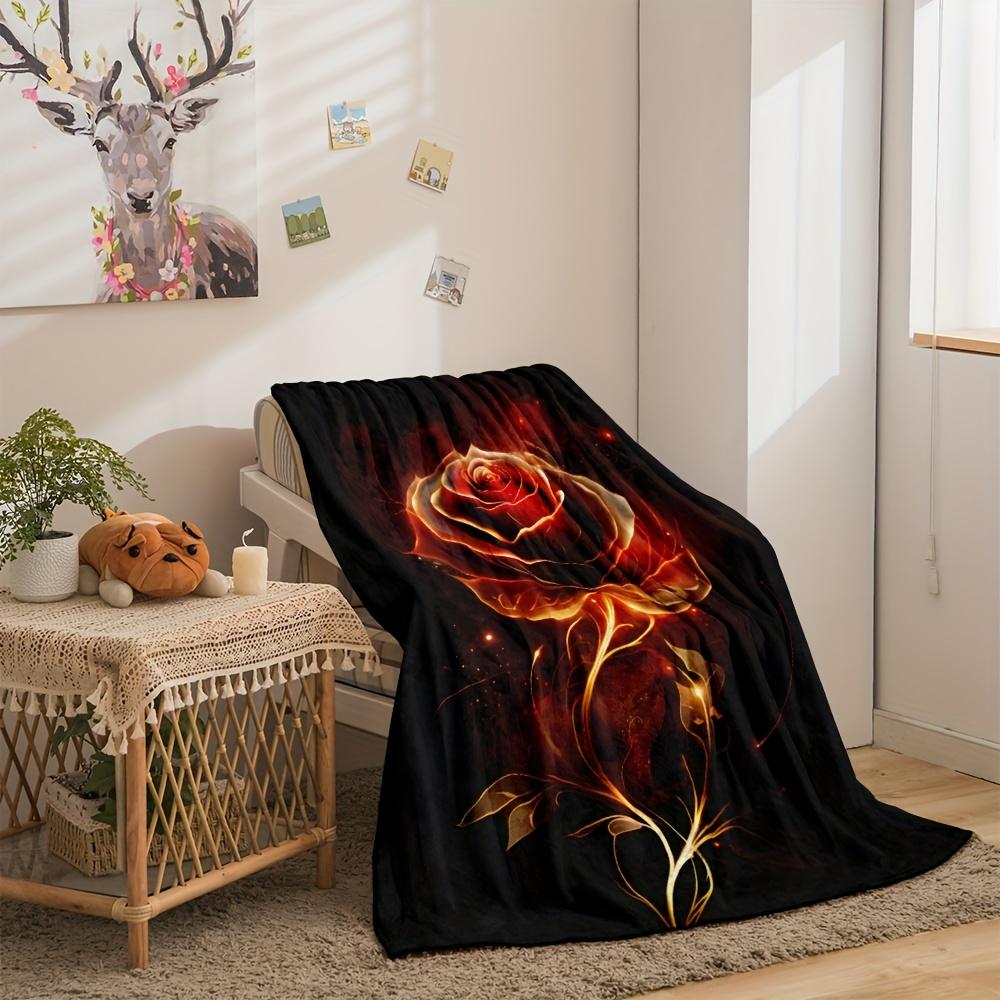 1pc Cozy Red Flame Golden Rose Printed Blanket Lightweight Flannel Throw Blanket For Sofa, Bed, Living Room, Office, Couch