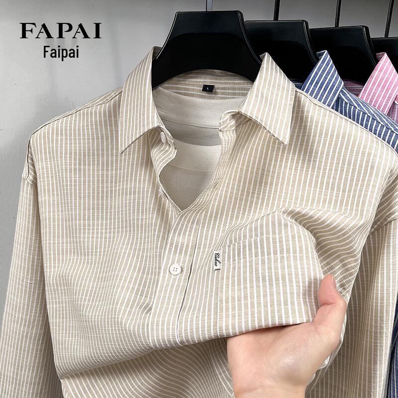 

FAPAI Men s Striped Cotton Linen Blend Long Sleeve Shirt 4XL/44
