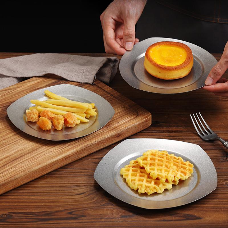 Vintage Stainless Steel Steak Dinner Plates Fruits Dessert Vegetable Shallow Plate Kitchen BBQ Picnic Restaurant Hotel Tableware