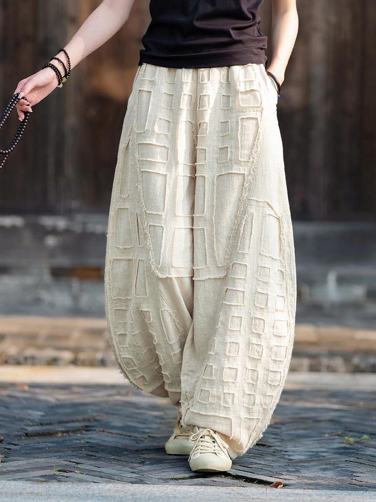 Unisex Boro-Style Linen Lantern Pants with Raw Edges for Meditation - Wide Leg & Autumn-Inspired Design