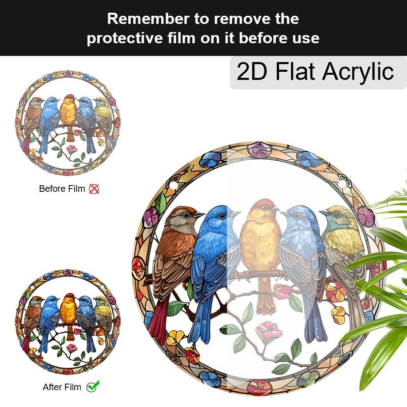Acrylic Colorful Birds On A Branch Suncatcher, Stained Glass Style Window Hanging Ornament for Nature and Garden Lovers