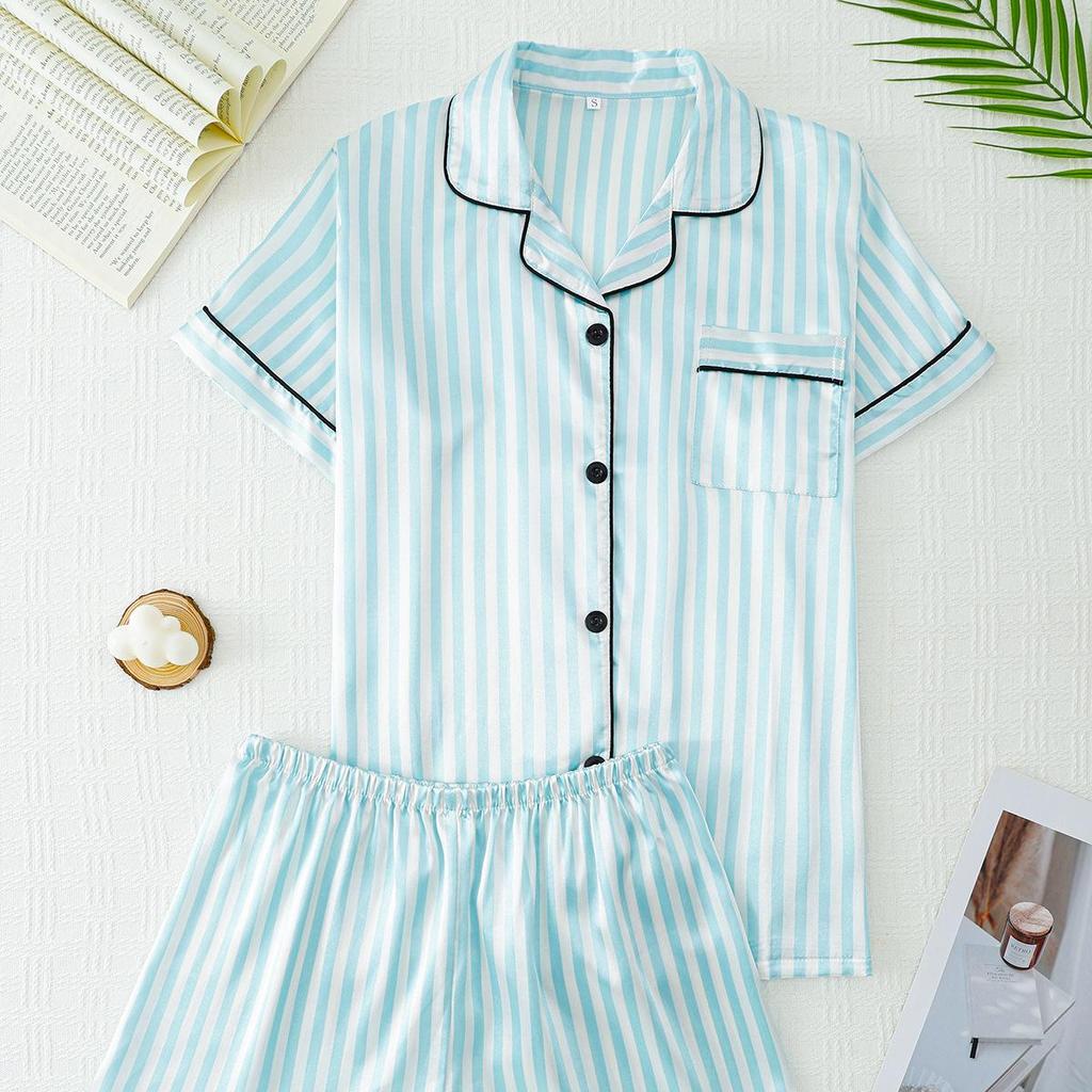Women's Pinstripe Satin Pajama Set: Short Sleeve Cardigan & Elastic Waistband Shorts