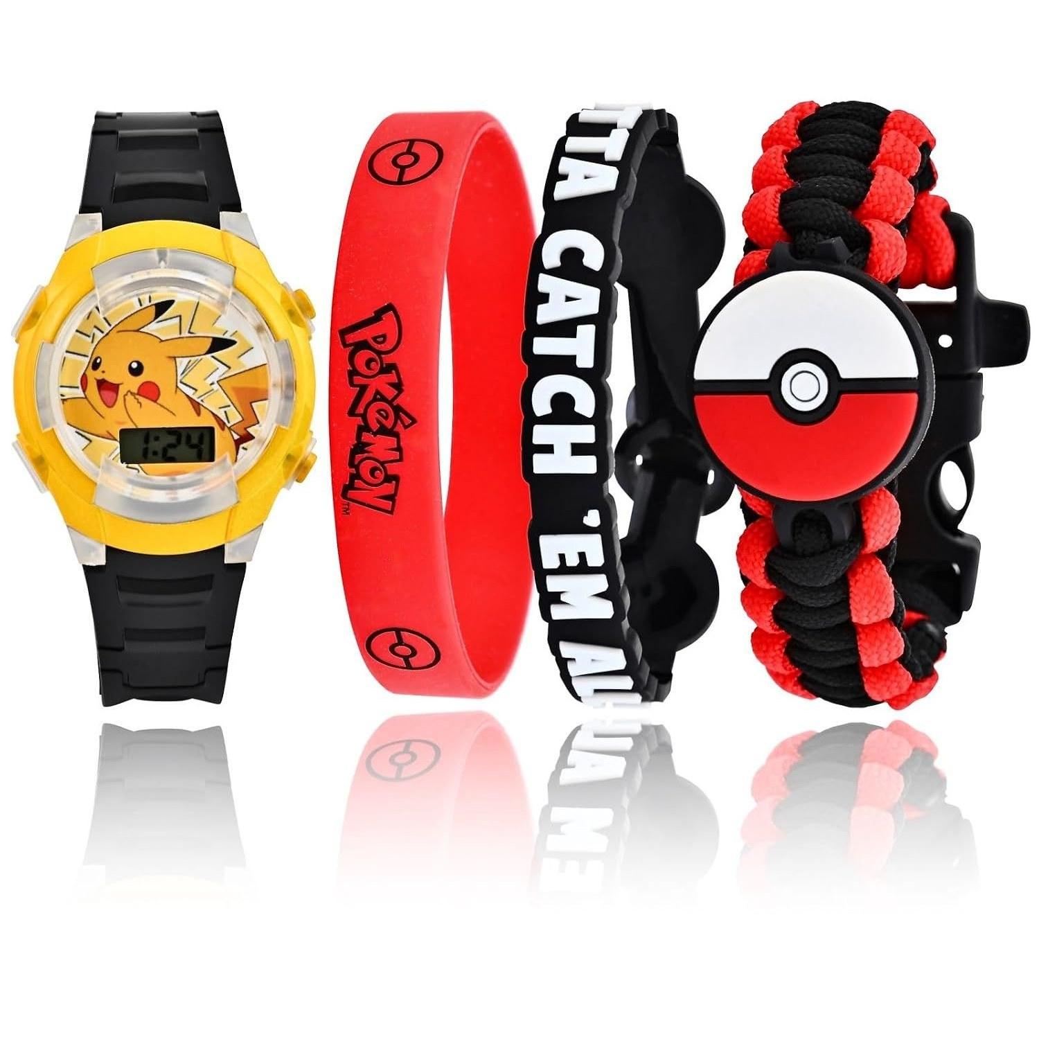 Accutime Pokemon Style Digital Watch Kids POK40055 Yellow Black Red - Comes 2 Rubber Bracelets Survival Bracelet Red.