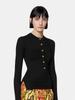 2026 Autumn Black Slim Ribbed Round Neck Half-Button Waist-Cinched Knit Cardigan