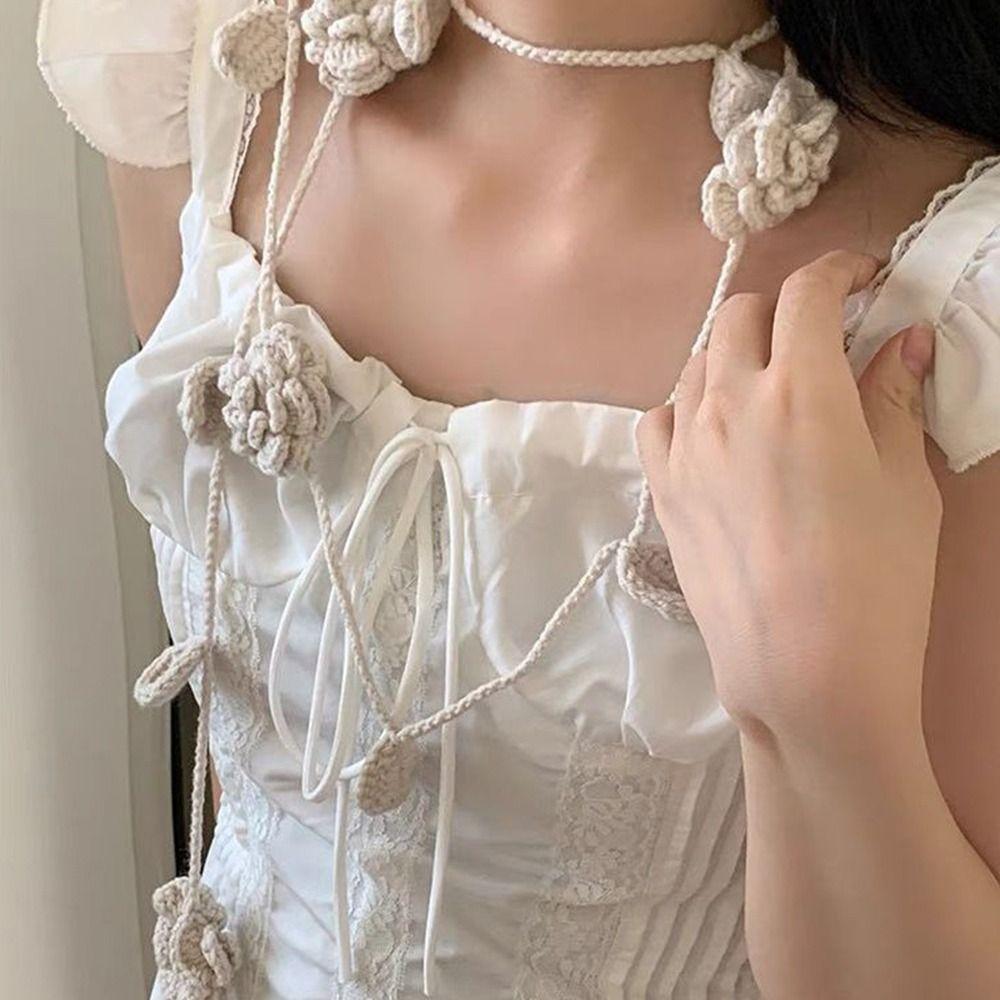 Crocheting Rose Flower Neck Chain Decoration Multicolor Rose Scarf Y2k Rose Necklace Girl