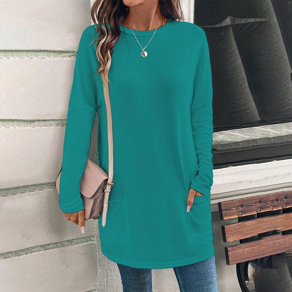 Blusa informal de manga larga con cuello redondo y bolsillos de color liso a la moda para mujer