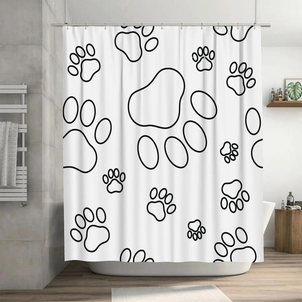 Footprint Shower Curtain Black White Dog Paw Design For Bathroom Decorations