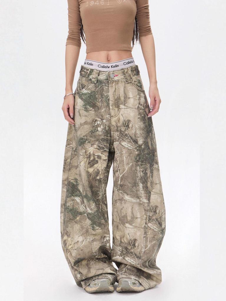Men's Retro Camo Embroidered Straight-Leg Jeans - High-Design Streetwear, Floor-Length Wide-Leg Pants