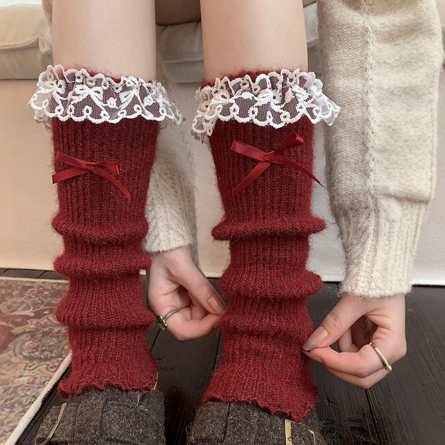 New Year'S Day Red Medium Tube Leggings Leg Cover Women'S Knitted Warm Sweet Butterfly Autumn And Winter Stacking Socks Cover Vertical Calf Socks