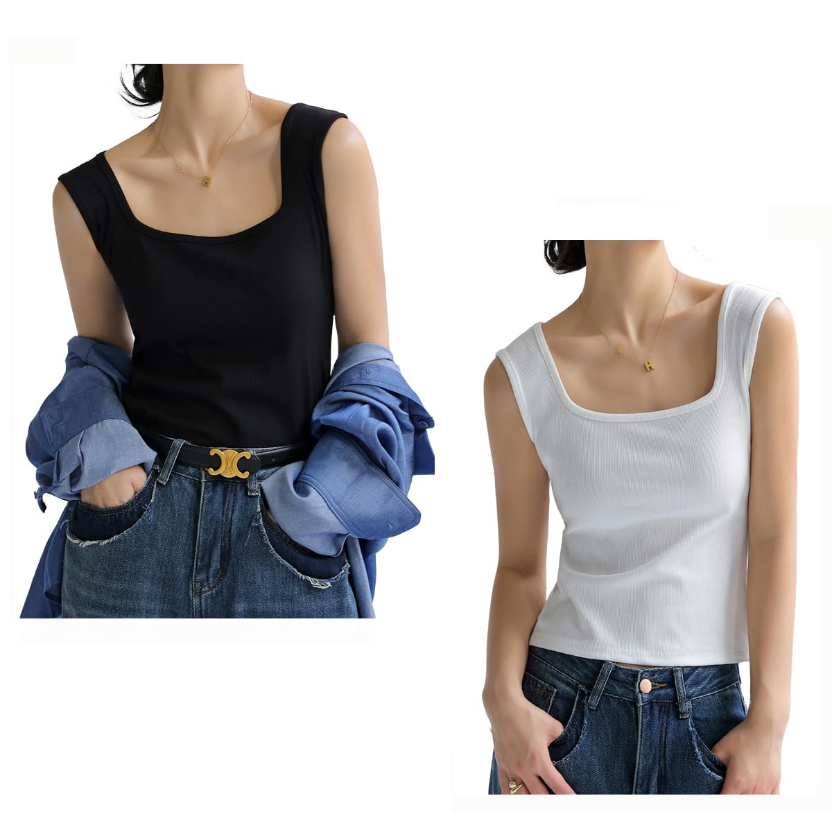 

AYILYFE Tank Square Slimming Breathable All Seasons Black 2-Pack Women s Tops, Camisoles, Neck, Underwear, Layering, Loungewear, (JP, Alphabet, L, +