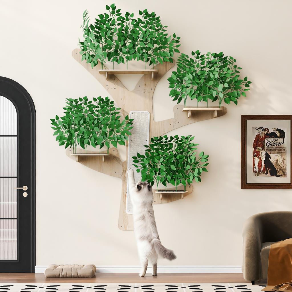 Wall-Mounted Scratching Tree In Tree Shape Made of Solid Pine Wood, with Scratching Surface & Platforms, Decorative & Stable, 155×210 Cm