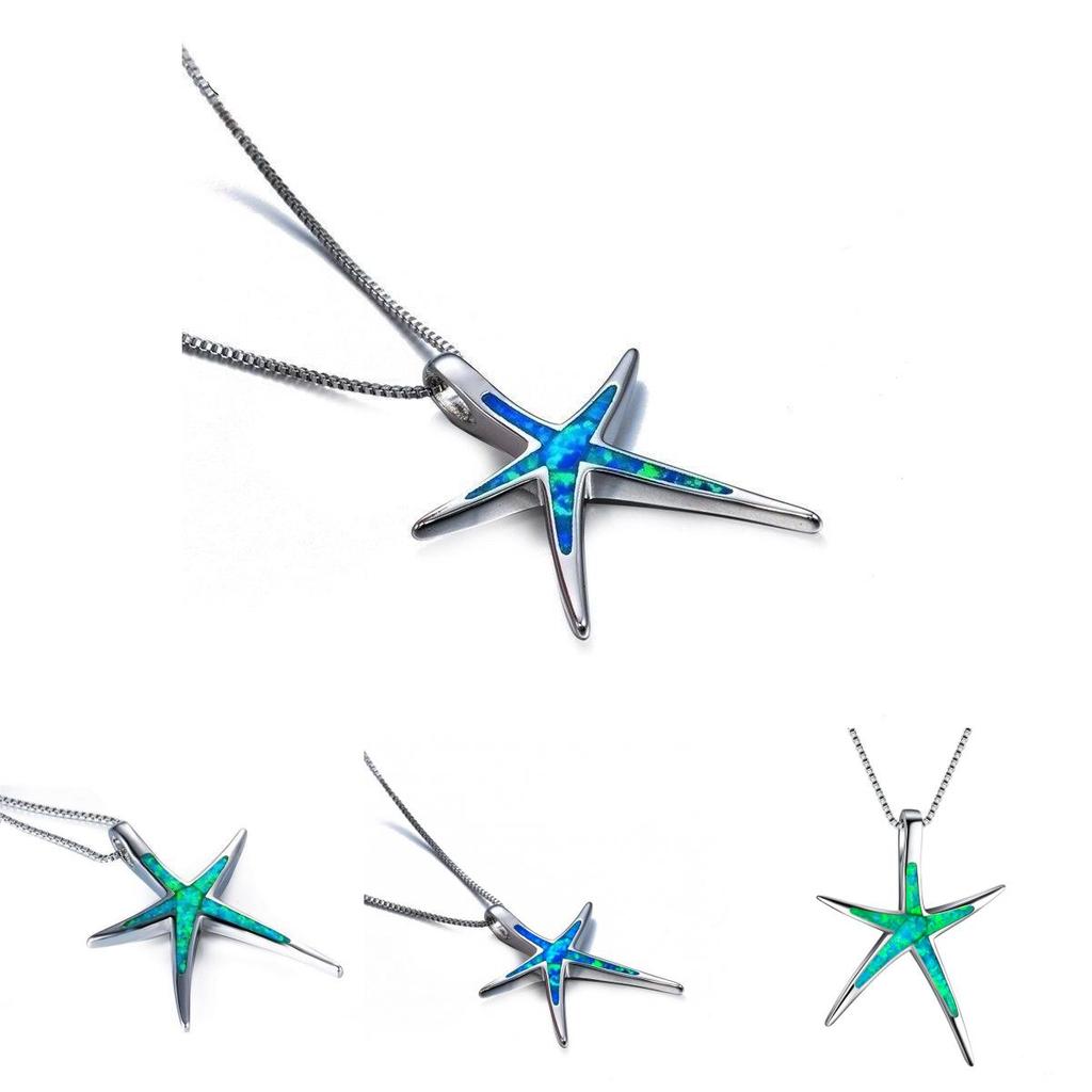 Fashion Women Ocean Starfish Pendant Necklace Featuring Vibrant Blue Green And White Fire Opal Stones