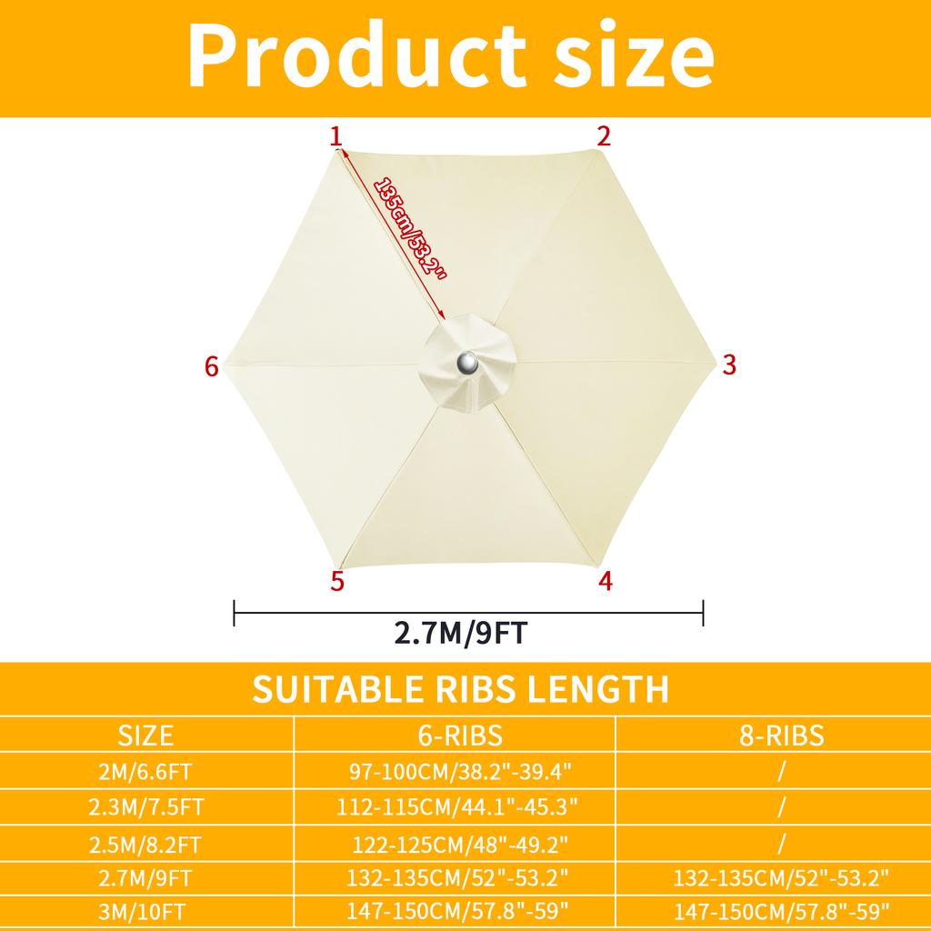 2M-3M Patio Parasol Top Cloth Market Table Outdoor Garden Yard Umbrella Replacement Canopy for 6/8 Rib Waterproof Sunshade Cover