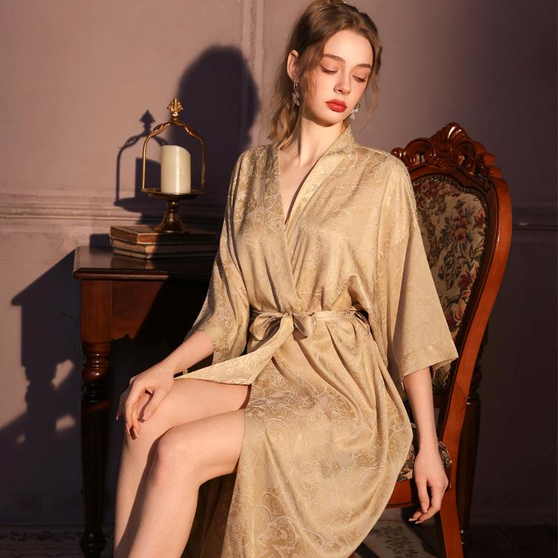 nightgown women's summer ice silk thin satin jacquard long retro sexy high-end spring and autumn bathrobe robe