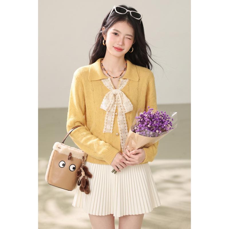 Yellow Women's Loose Knit Cardigan with Bow - Autumn Winter Sweater 2026