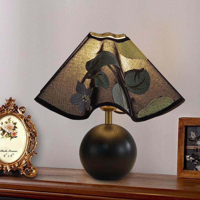 French Retro Mid-Century Wood Bedroom Lamp, Wabi-Sabi Style with Fabric Shade