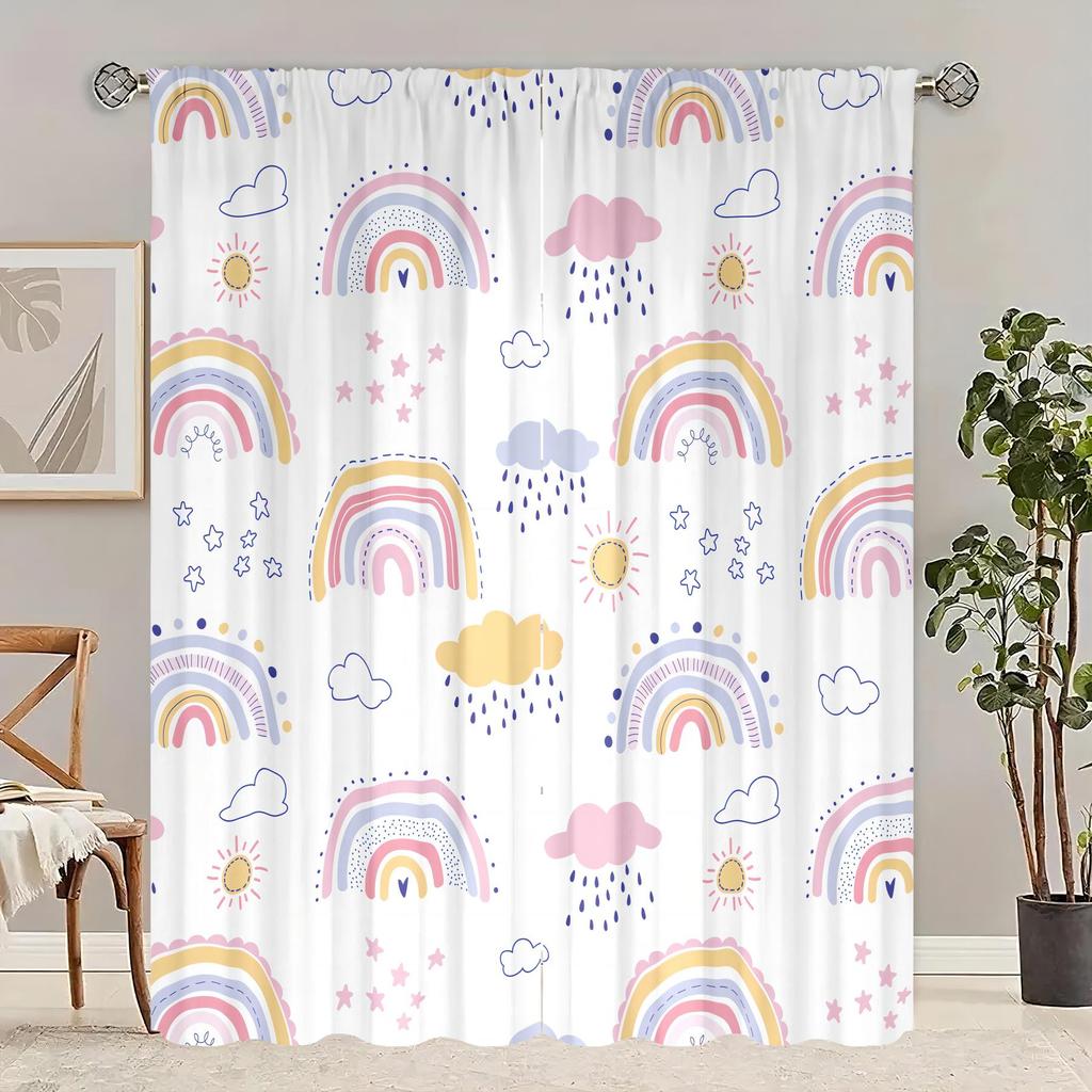 2 Pieces - Cartoon Rainbow - Printed Curtain - Polyester Material - For Bedroom Living Room Study Anti-Privacy Curtain