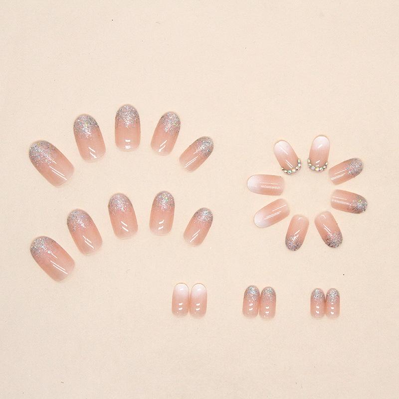 Simple Pure Desire Girl Powder Fake Nails Gradual Change Glitter Powder Diamond Wearing Nail Gentle Round Head Nail Piece Nail Piece