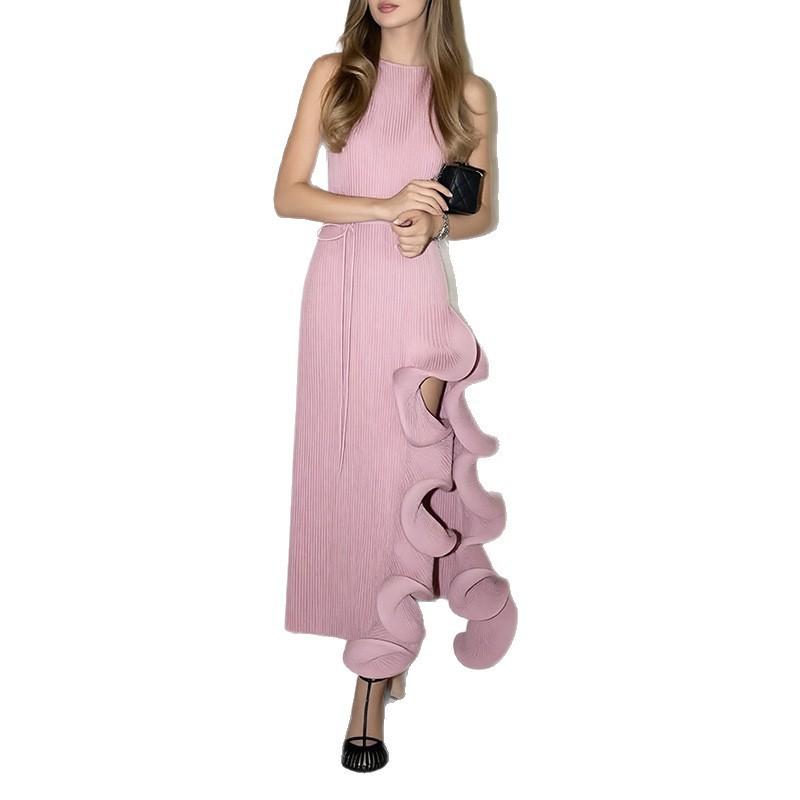 2026 Elegant Solid Color Ruffled Asymmetrical Wrap Dress High Waist Sleeveless Maxi Women