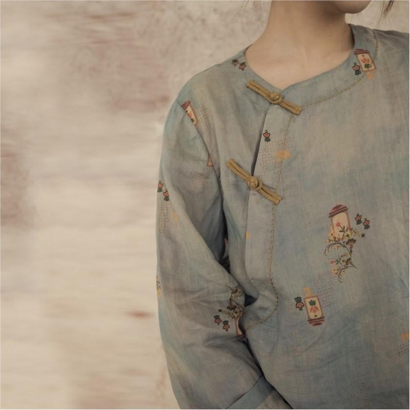 Johnature Camicie da donna con stampa floreale vintage Top Camicie a nove maniche in ramie primaverili Camicie da donna con bottoni