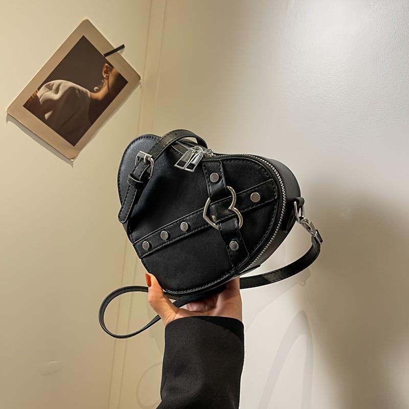 Borsa a Spalla Forma di Cuore Stile Y2K di Nicchia, Borsa a Tracolla con Zip e Decorazioni di Borchie Monocolore per Donna