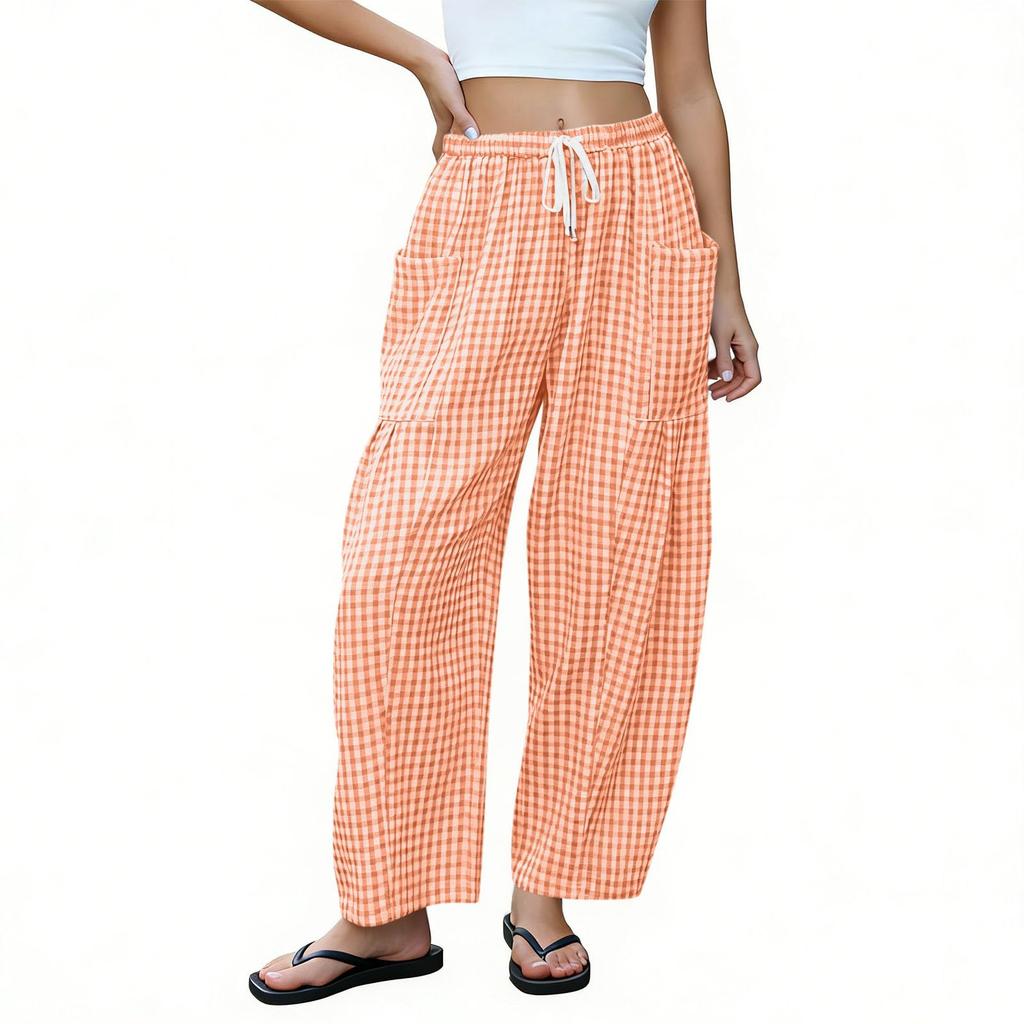 Women’s Loose Fit Plaid Drawstring Waist Wide Leg Pants with Large Side Pockets Casual Lightweight Trousers