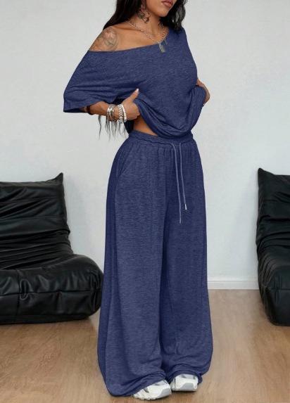 Women's Drop Shoulder Short Sleeve T-Shirts Loose Fit Wide Leg Pants Sets Casual Two Piece Outfits