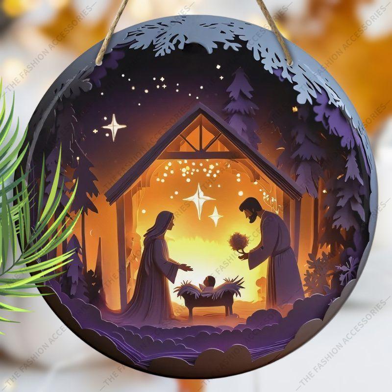 Hellig natt Krybbespill anheng, dekorasjon av hjemmevegger eller dører, 2d flatt tre, juledekorasjon, gaver til venner og familie