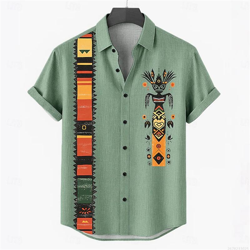 Men's Retro Style Casual Shirts Men's Tops with Tribal Prints, Short-sleeved Casual Beach Shirts, Hawaiian Style Shirts