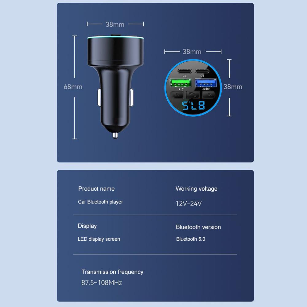 Încărcător Auto Bluetooth 5.0 Transmițător FM Auto PD Tip-C USB Dual Player Ambient Încărcător Auto MP3 Încărcare Smartphone