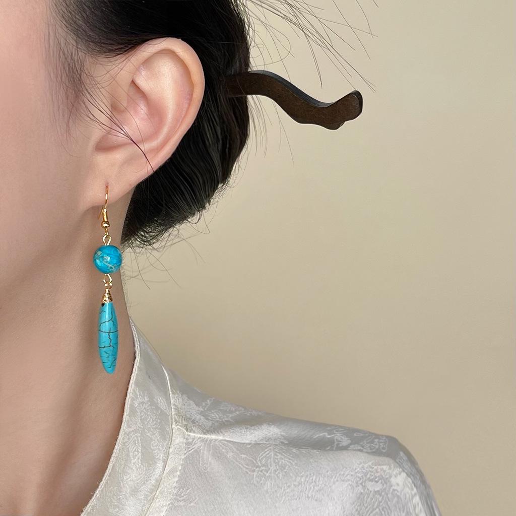 Chinese Synthetic Turquoise Teardrop Tassel Earrings - Retro Ethnic Style