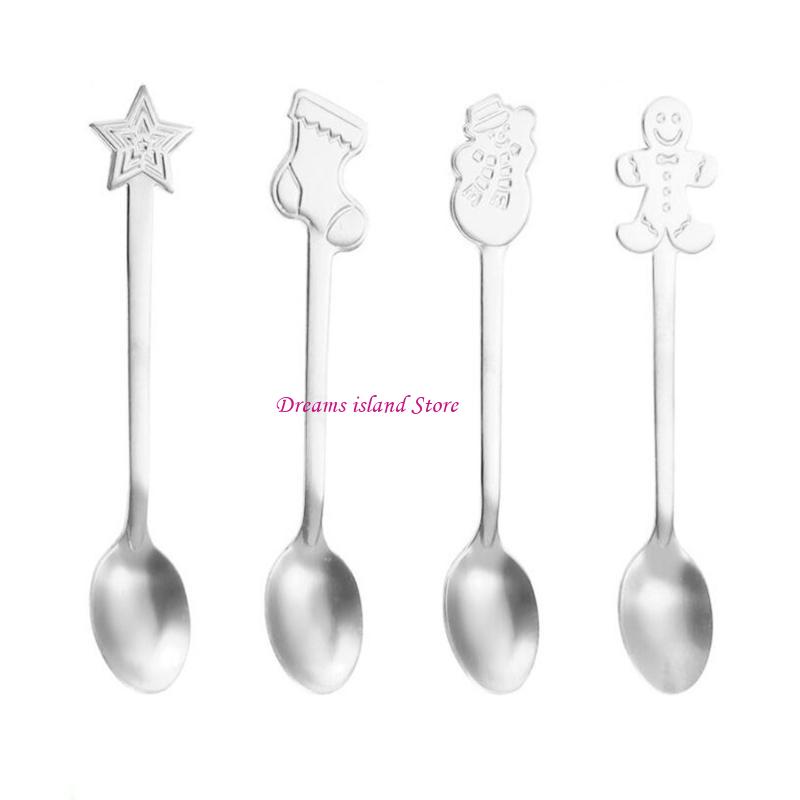 4Pieces Ice Cream Spoons Stirring SpoonS Christmas Themed Stainless Steel Material Coffee Spoons Dessert Spoons 4 Colors HX6C