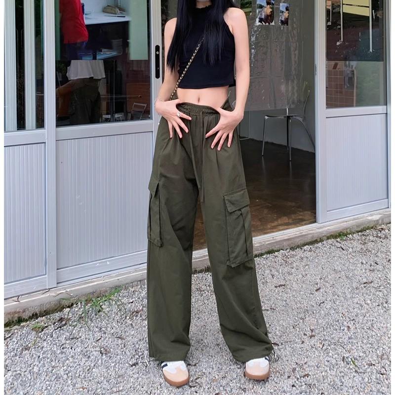 

Брюки карго с высокой талией и утягивающим шнурком - Женские модные прямые широкие брюки для осени 2025, весны/лета S (up to 90 lbs) армия зеленый