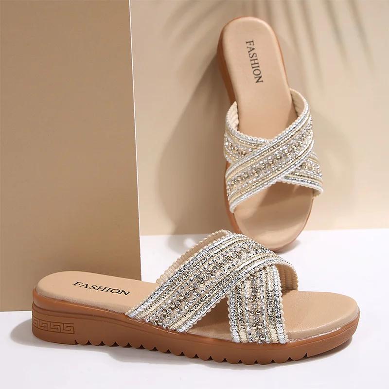 Fashion Shiny Crystal Wedges Sandals for Women Plus Size Cross Band Platform Party Slippers Woman 2025 Summer Thick Sole Non Slip Shoes