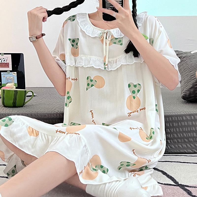 Cotton silk loungewear round neck printed short-sleeved nightdress women's summer thin dress girl student clothing artificial cotton pajamas