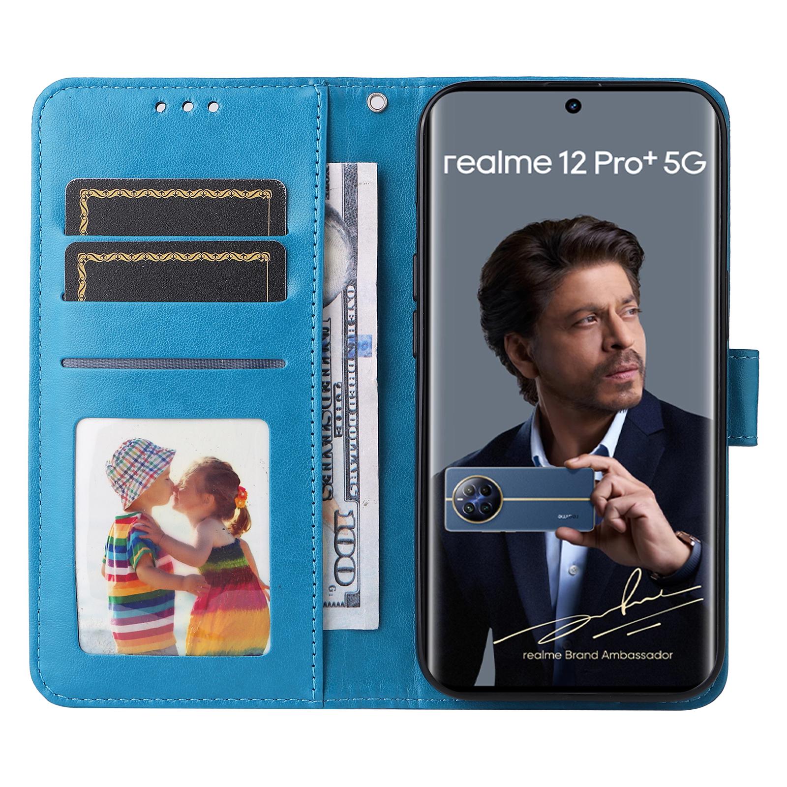 

For Realme 12 Pro 5G/12 Pro+ 5G Leather Case Imprinted Sunflower Flip Folio Wallet Phone Cover Blue
